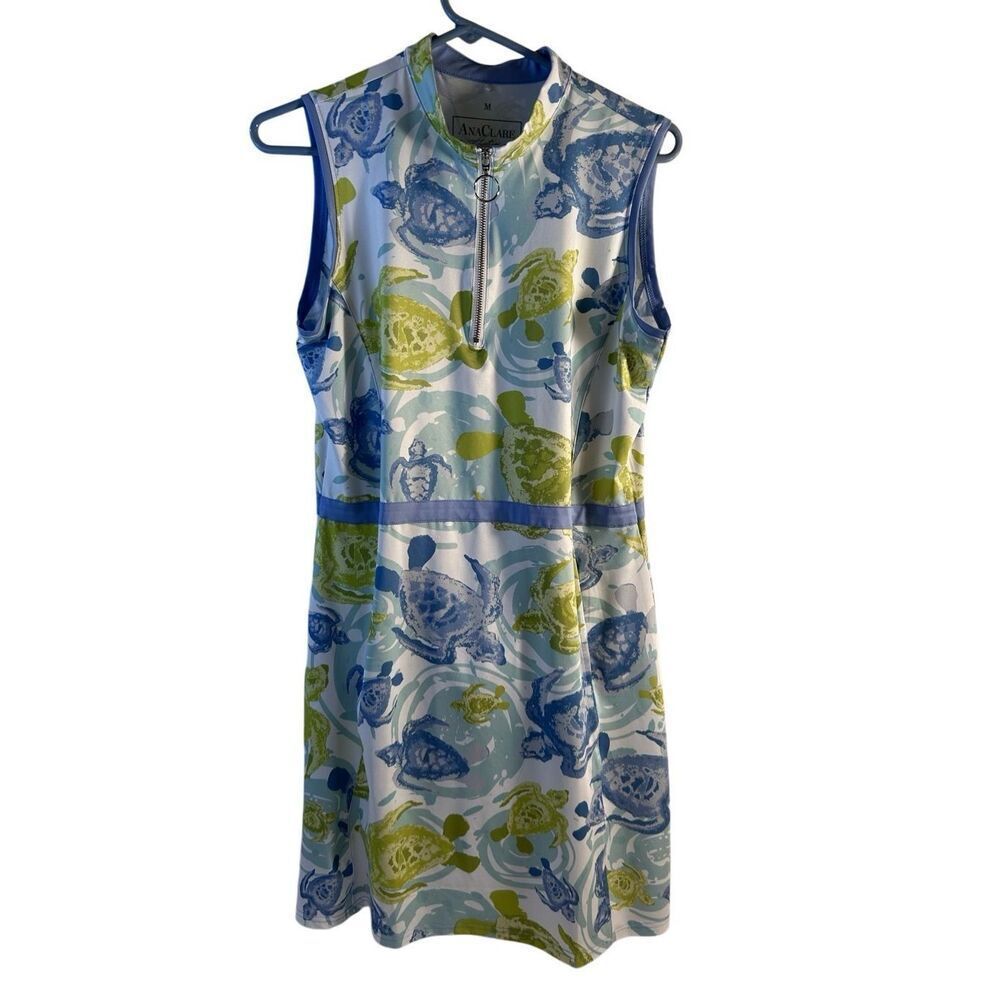 Ana Claire tennis dress green‎ blue turtles medium m 1/4 zip kangaroo pockets